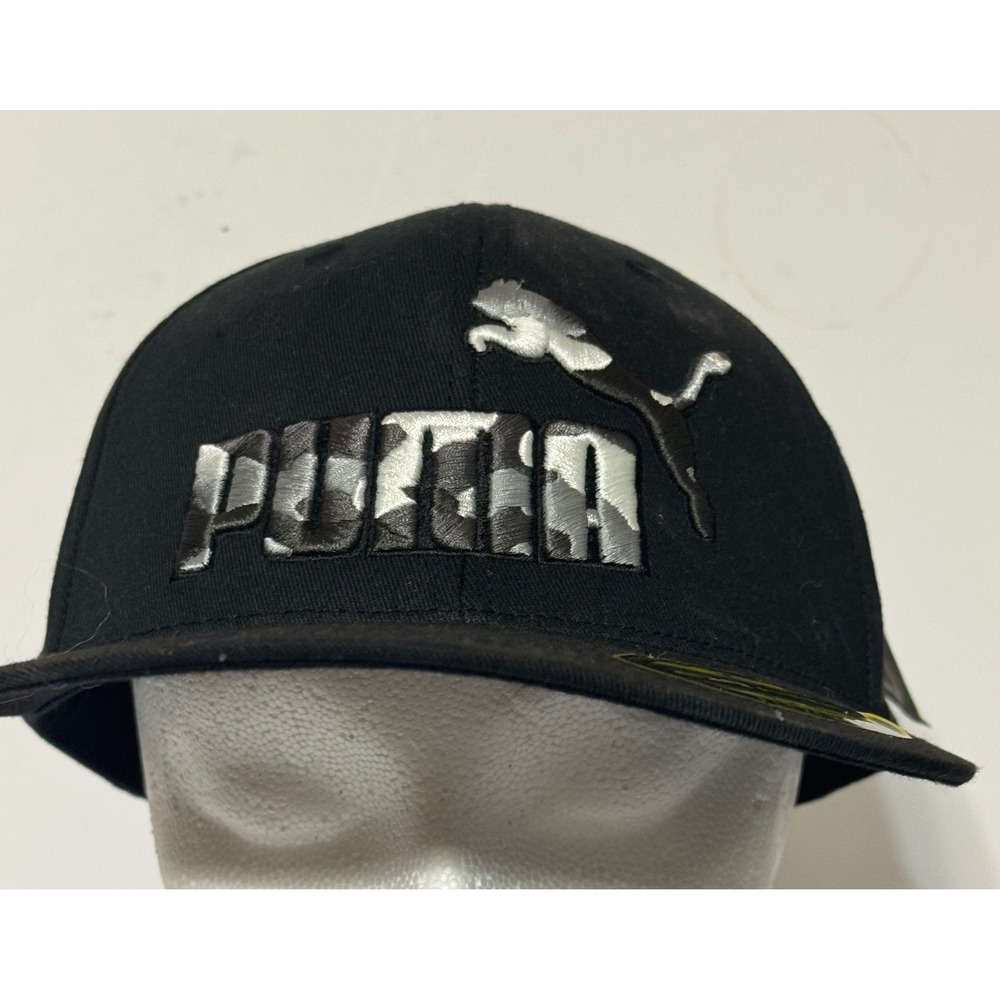 Puma hat mens L/XL black camo logo 210 fitted flat brim baseball cap